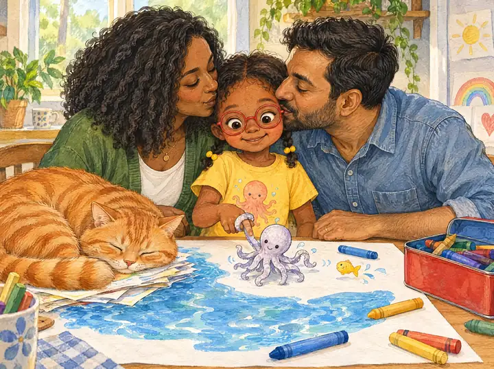Mama and Daddy kiss Ada’s cheeks while the octopus wraps his bent arm around her finger in a hug.