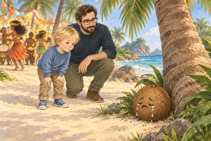 On a sunny beach, Luca and his dad crouch beside a little coconut with tears on its shell, while an island party dances and drums nearby.