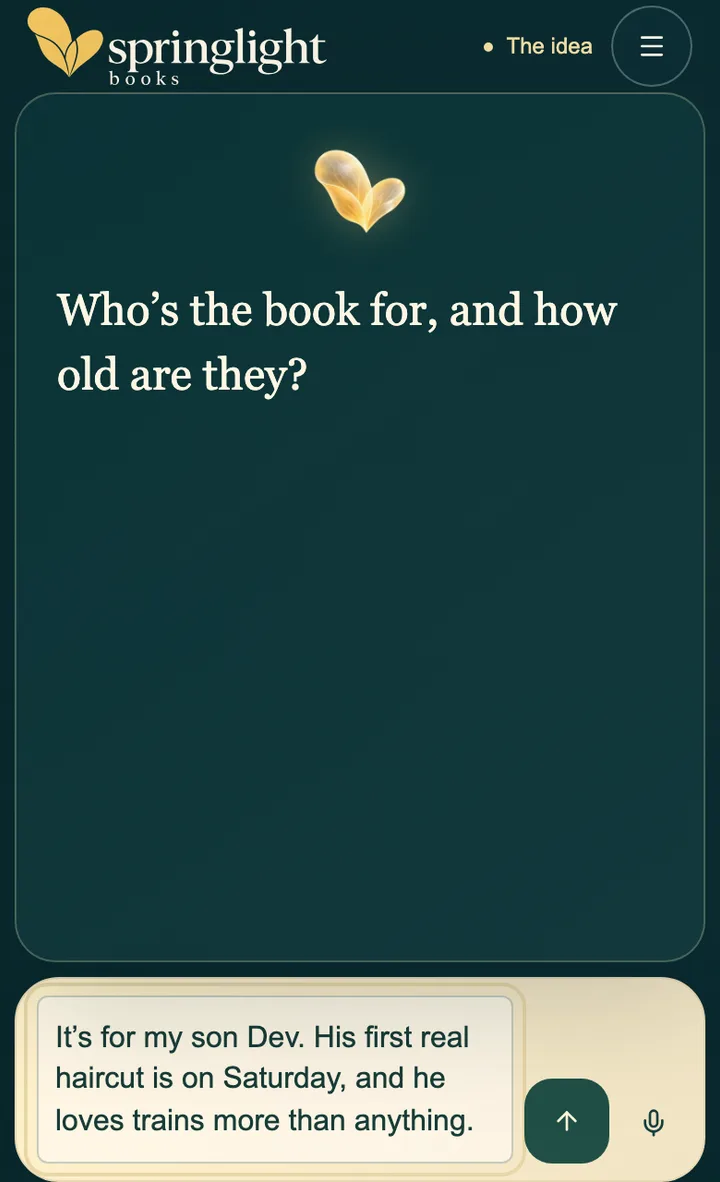 The bookmaker on a phone: Flora’s golden petal and her first question, “Who’s the book for?”, with a parent typing an answer about their son Dev, his first real haircut and his love of trains.
